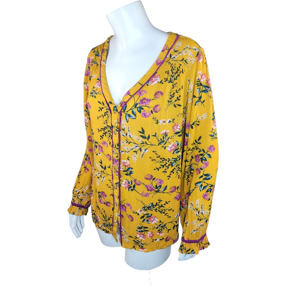 Kori American Womens Medium Gold Floral Print Button Up Blouse Balloon Sleeves - Picture 6 of 13